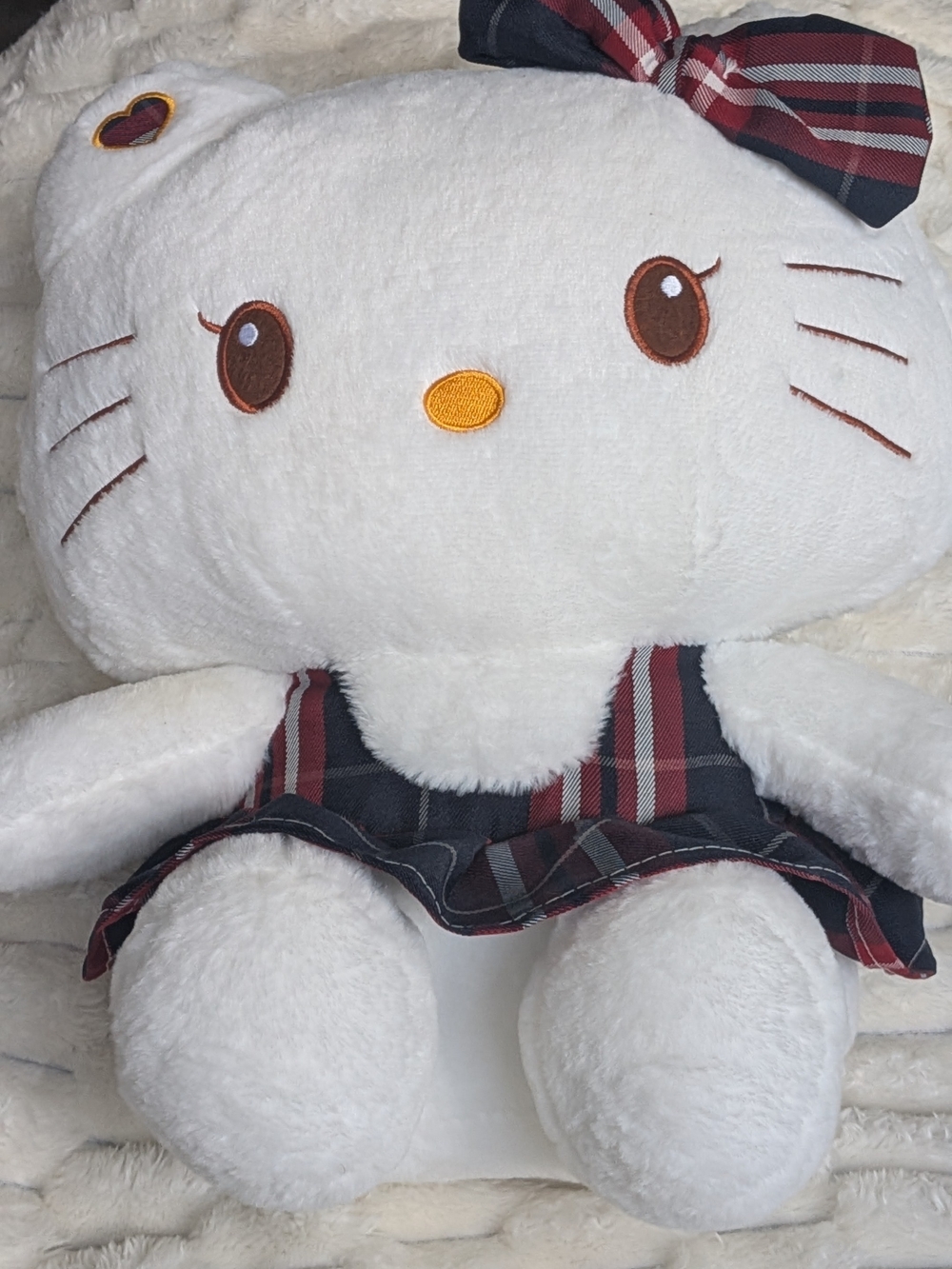 Hello Kitty White Plush with Brown Eyes and Red Plaid Bow